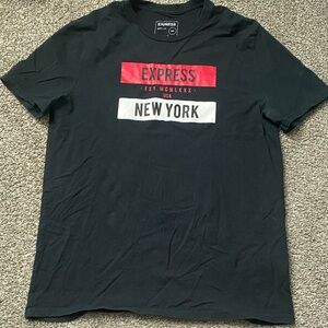 Express Men's Black Tee with Red and White Graphics